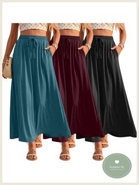 3 Pack Women's Maxi Skirts A-Line Drawstring Pockets Casual